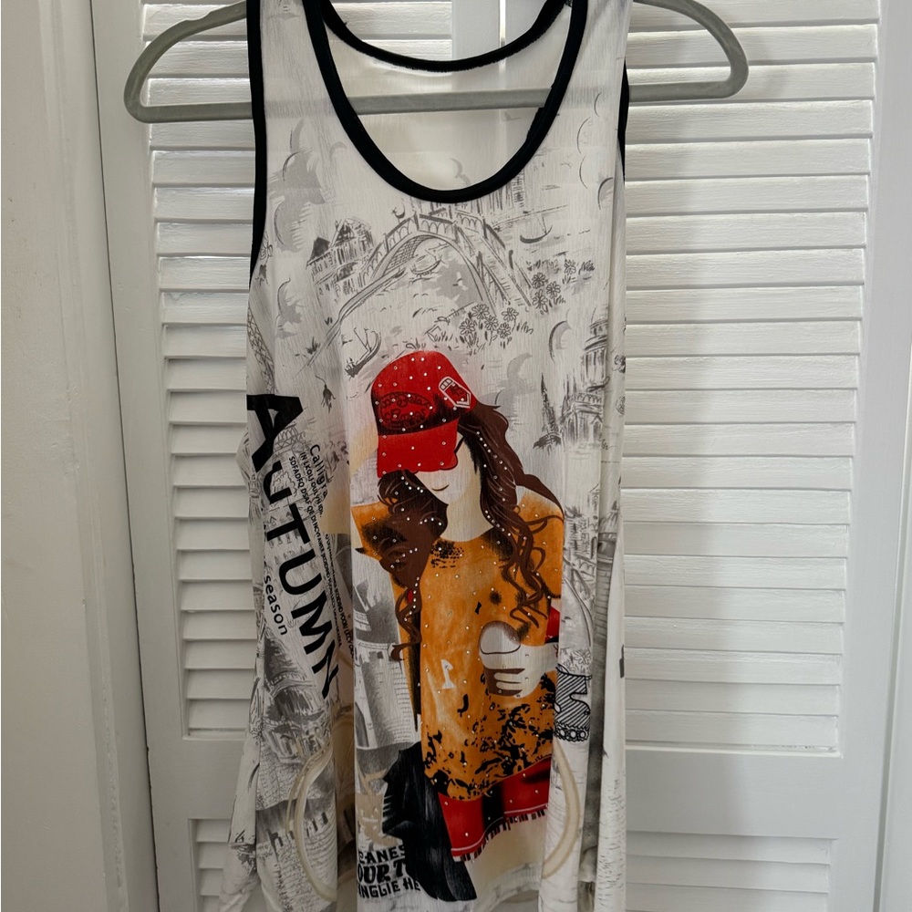 Graphic Sleeveless Dress with Red and Orange Accents